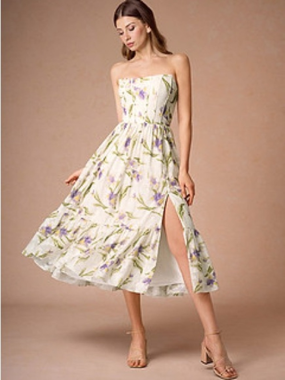 Azazie Strapless Floral Midi Dress in White and Purple
